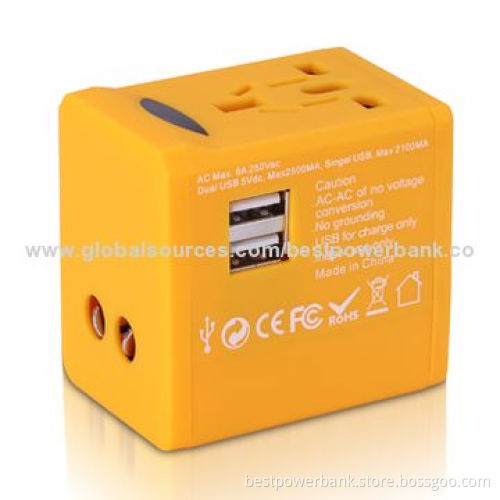 Colorful 2-USB Port International Universal Travel Adapters for Mobile Phone/Tablet, CE/RoHS/FCC/SGS